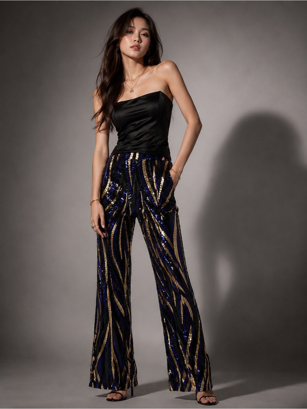 Women’s Sequin Flare Pants Medium Black Blue Gold Disco Festival Party Glam